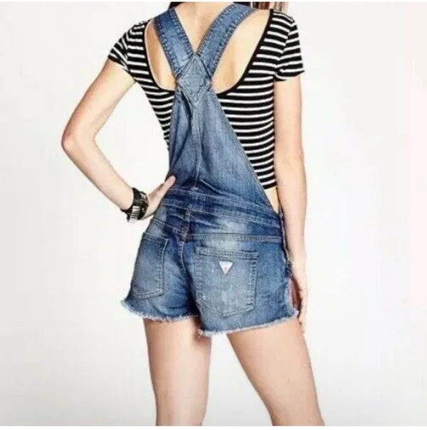GUESS Jeans Denim Shortalls / Overalls Shorts | Distressed Raw Hem Vintage Vibe | Size S 💙 - Image 2