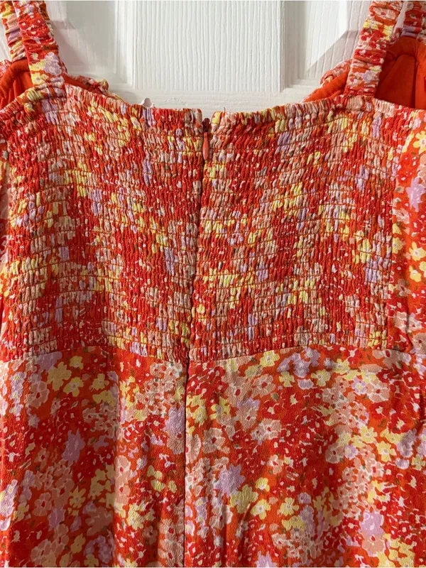 ASTR The Label Orange Floral Milkmaid Ruched Midi Dress Size M - Image 5