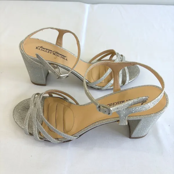American Glamour Badgley Mischka Silver Glitter Block Heel Sandals Womens 6‎ - Image 4