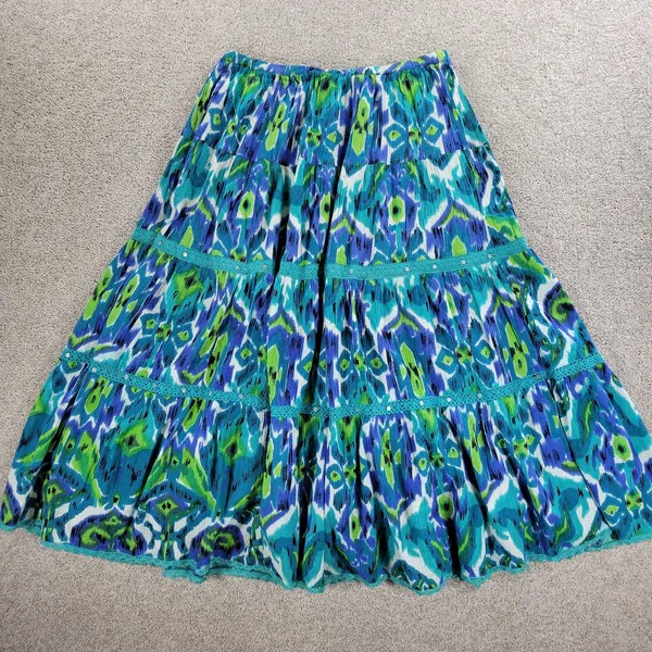 Vintage Notations A-line Skirt Womens L Blue Boho Watercolor Tiered Flowy Hippie - Image 11