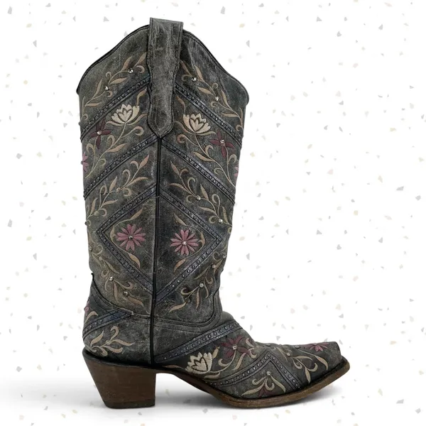 Corral Western Cowboy Boots Gray Floral Gems Embroidered Country Concert Size 9 - Image 4