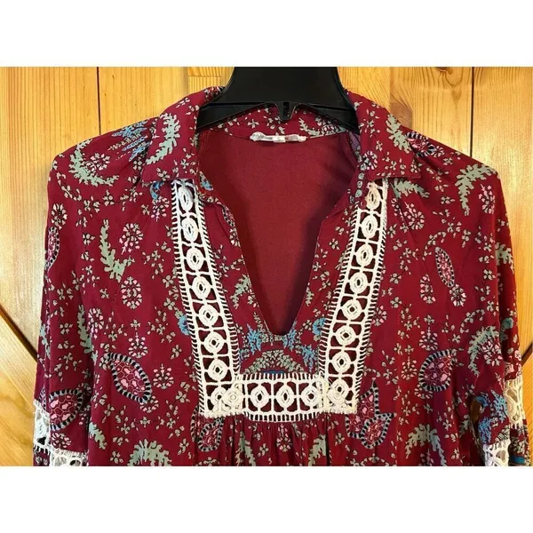 Entro Anthropologie Boho Lace Tunic Shift Dress Red Floral Women Small (0948) - Image 4