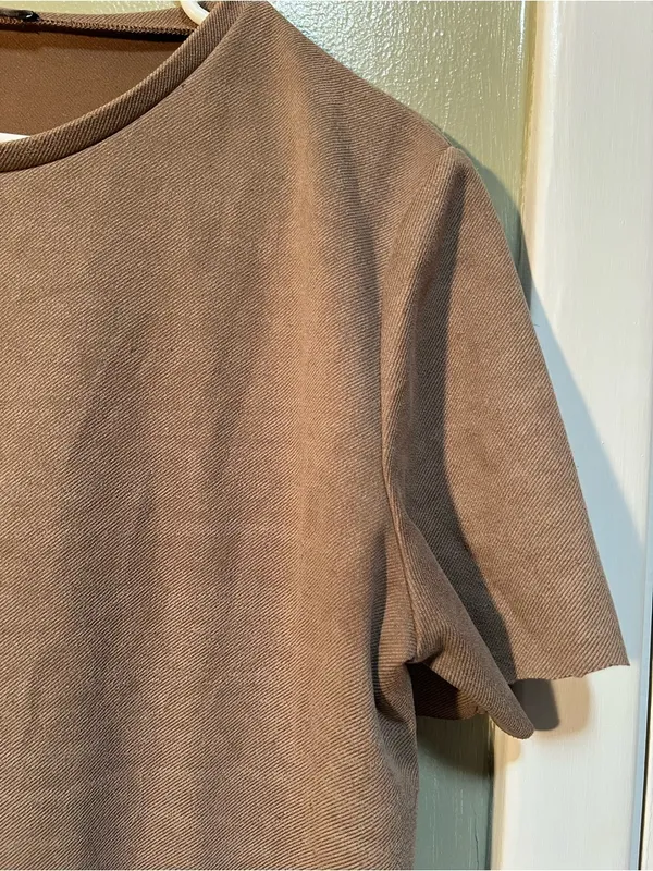 Zara Women's Size Large Short Sleeve Shift Dress Tan Brown Sweatshirt Crewneck - Image 6