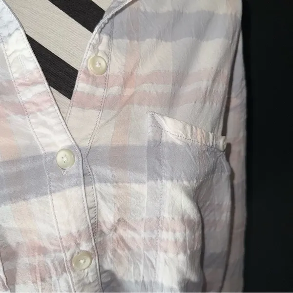 FREE PEOPLE‎ Frayed Plaid Button Up Long Sleeve White Pink Small - Image 5