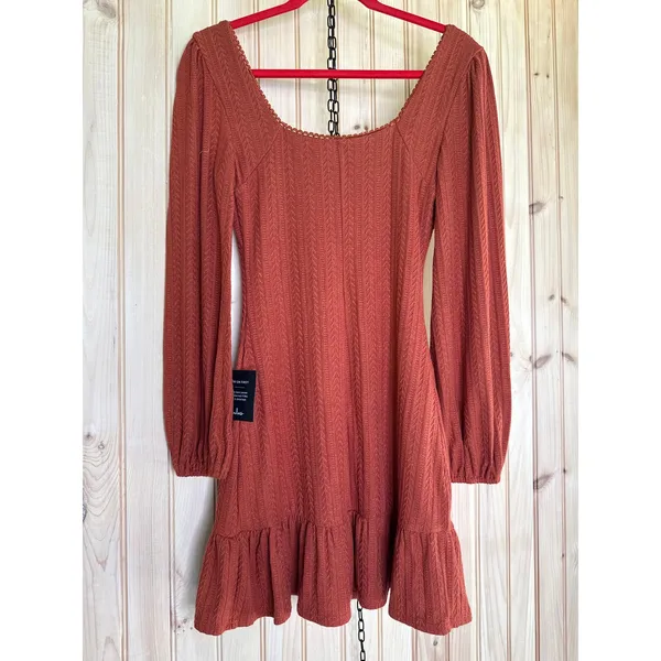 NWT Lulus Coveted Sweetness Rust Pointelle Knit Long Sleeve Mini Dress Party S - Image 7