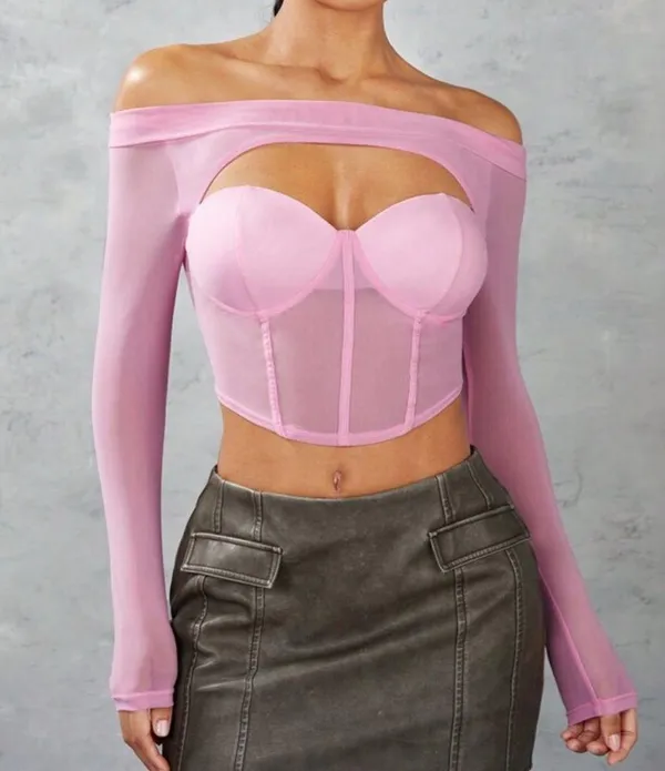Pink Cut-Out Meladyan Women’s Sexy Long Sleeve Mesh Cover Corset Cami 2piece Top - Image 2