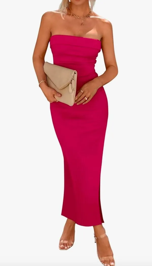 PRETTYGARDEN Pink Bodycon Ribbed Strapless Side Slit Dress - Image 2