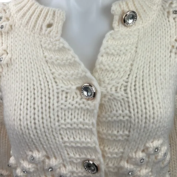 Self-Same Women's White Knitted Long Sleeve Button Up Cardigan Sweater Top Sz S - Image 3