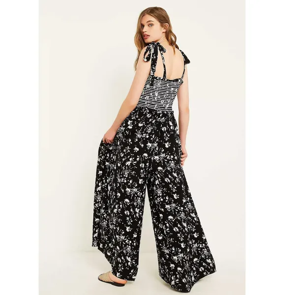 Free People M Black Floral Color My World Wide Leg Jumpsuit Anthropologie Boho - Image 2