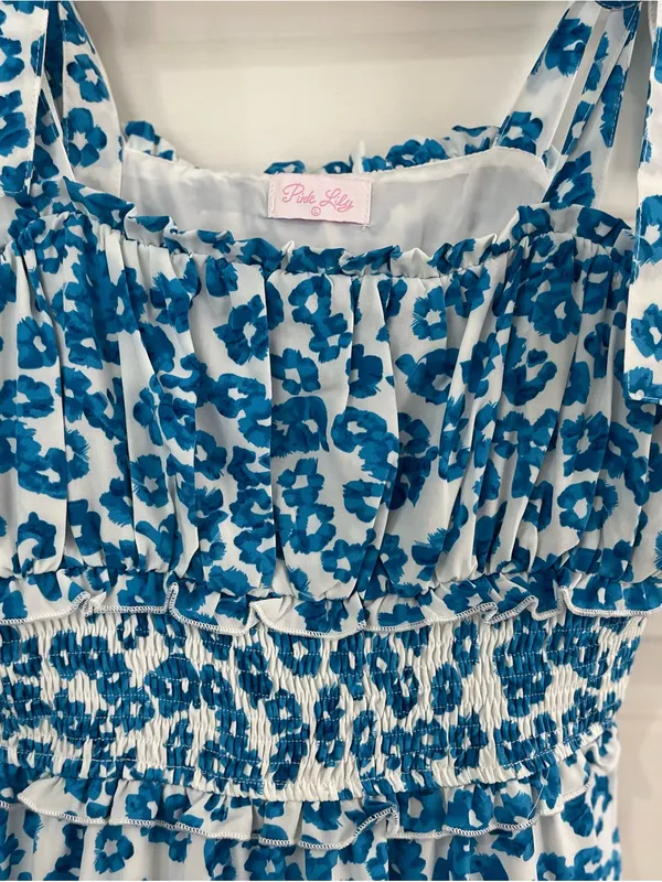 Pink Lily Blue White Floral Tie-Shoulder Maxi Dress New Sz L - Image 7