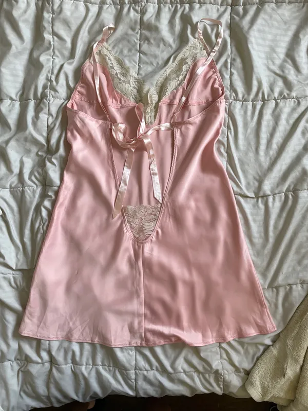 H&M Nightgown Size M Pink Lace Trim Low Back Ribbon - Image 4