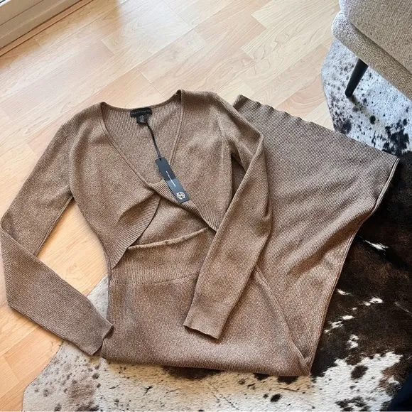 HOUSE OF HARLOW NWT Brown Twist Front Long Sleeve Ribbed Shimmer Dress Size M‎ - Image 2