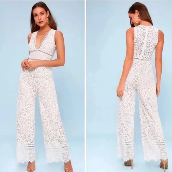 Lulus Amora White Lace Jumpsuit Bridal Bride Bachelorette Wedding Small - Image 3