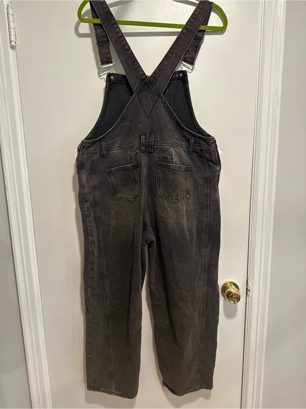 Black denim overalls jumpsuit Sz:L acid washed relaxed fit wide leg Baggy. - Image 2