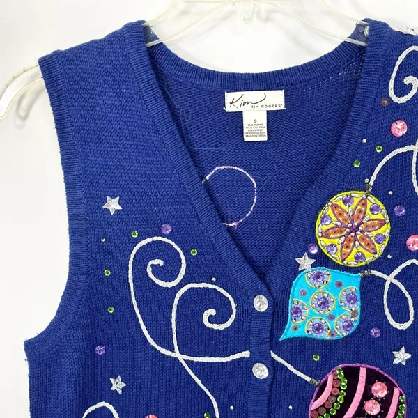 Kim Rogers Small Christmas Vest Holiday Ornament‎ Royal Blue Sweater Ugly 1707 - Image 4