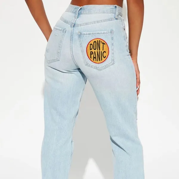Patched In Pop Art Straight Leg Jeans Light Blue Wash Jr 11 Women’s 12 - Image 3