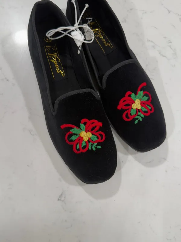 Women's Black Velvet Slip-On Loafers with Red Floral Embroidery - Image 2