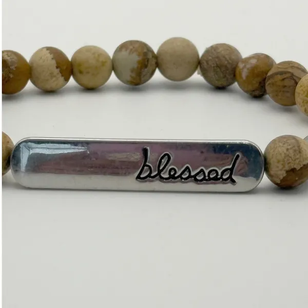 Blessed Bar Beaded Bracelet Women OS‎ Brown Jasper Stone Faith Jewelry Religious - Image 2