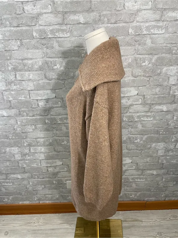 All in Favor Camel Brown Mini Sweater Dress with Zip Collar - Image 2
