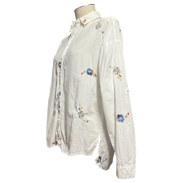 Patiskha Life 100% Cotton Long Sleeve Button Up Floral Embroidered White Medium - Image 4