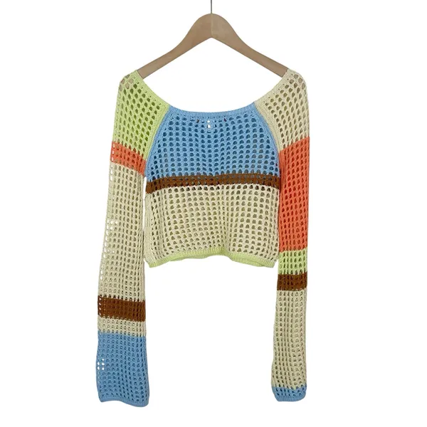 Urban Outfitters Chloe Color Block Cropped Open Knit Crochet Sweater Size Small - Image 4