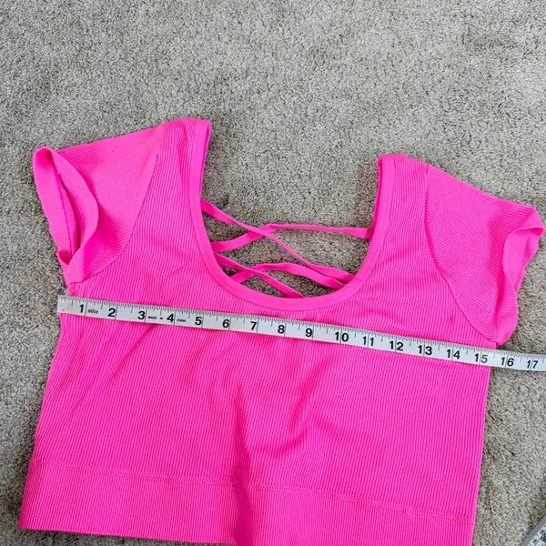 aerie Ribbed Crop Top Shirt Shortsleeve Back Criss Cross Straps in Pink Neon XXL - Image 8