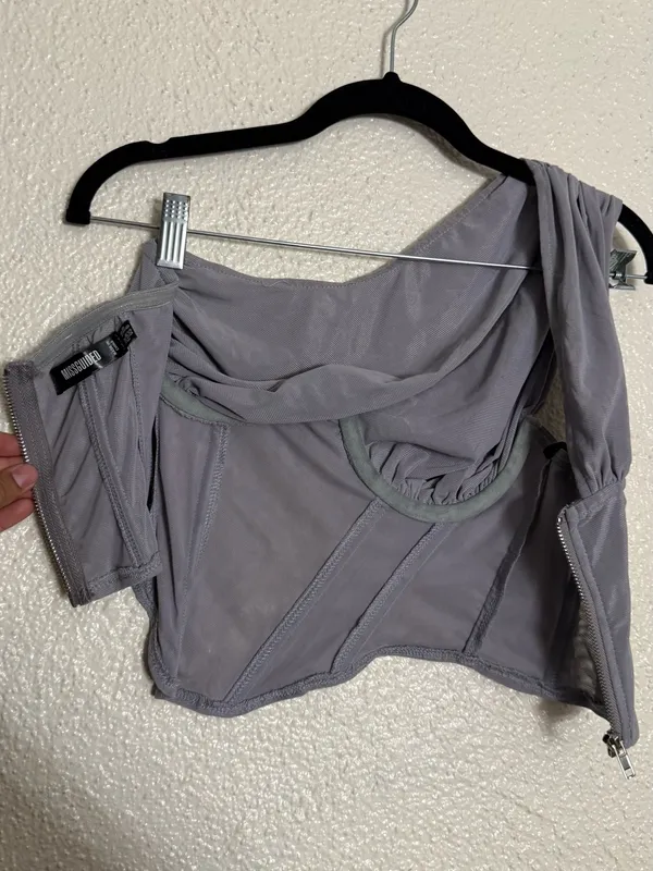 Missguided One-Shoulder Light Gray mesh Corset zip up Top size 6 - Image 6