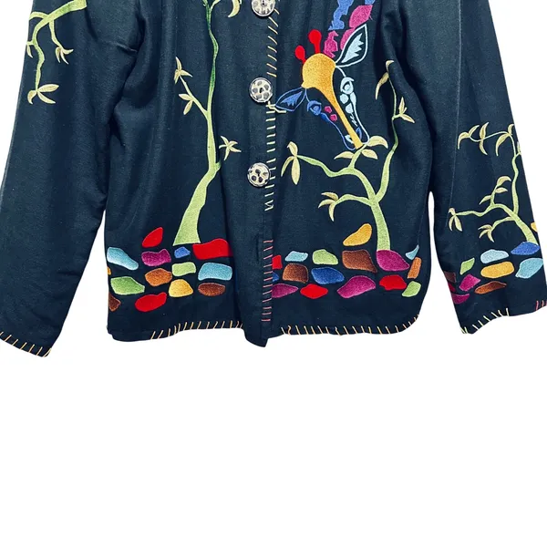 Drapers Damons Women Button Jacket L Black Giraffe Embroidered Statement Artwear - Image 4