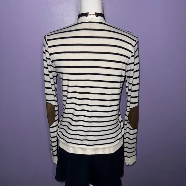 Poof! Striped Cream and Black Cardigan with Elbow Patches - Image 12