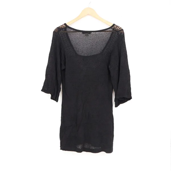White House Black Market Black Crochet Lace Knit Tunic Top Elbow Sleeve Medium - Image 5