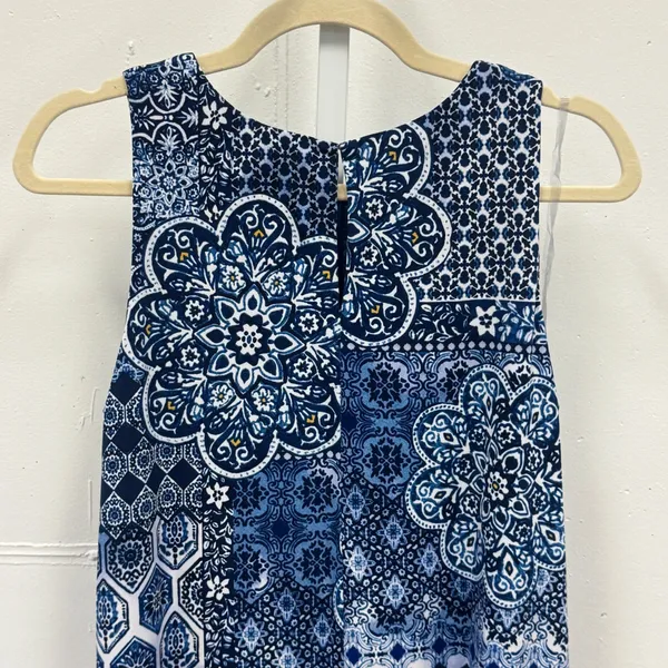 Anne Klein Blue White Patchwork Tile Mosaic Print Sleeveless Shift Dress Size 12 - Image 5