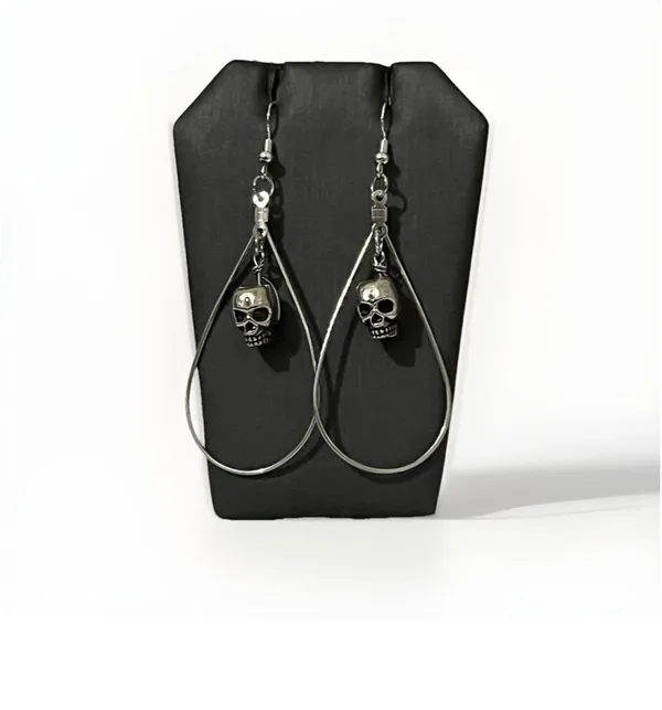 Handmade Gothic Skull Teardrop Hoop Earrings Silver Dangle Punk Halloween Emo - Image 3