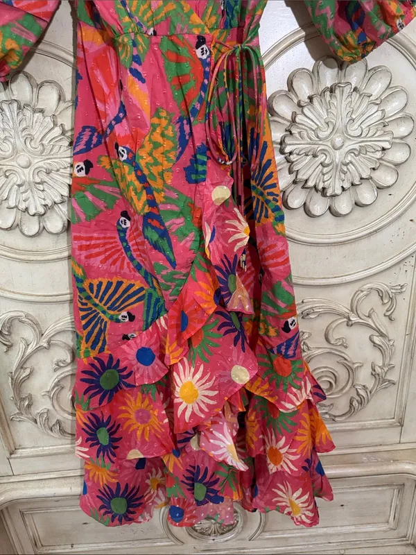 FARM Rio Coral Mixed Graphic Macaws Puff Sleeve Ruffle Hem Midi Wrap Dress XS - Image 6