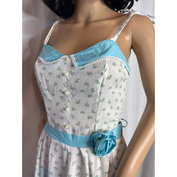 Vintage 1960s White Blue Floral Prairie Maxi Dress XS/S Talon Zip Circular - Image 14