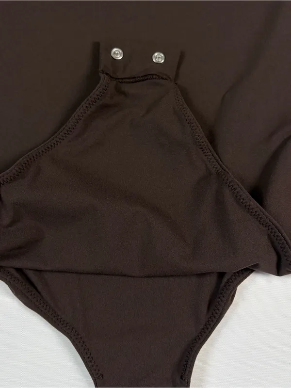 Skims Long Sleeve Crew Neck Cocoa Bodysuit Stretch Snap Closure Women's Size L - Image 9