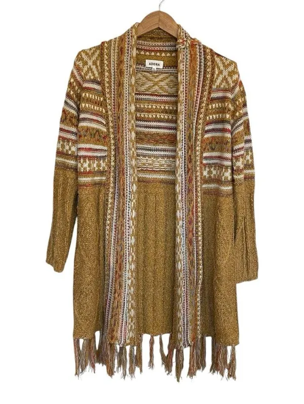 Bohemian Longline Knit Cardigan With Fringe Tassel Hem Southwestern Aztec Print - Image 4