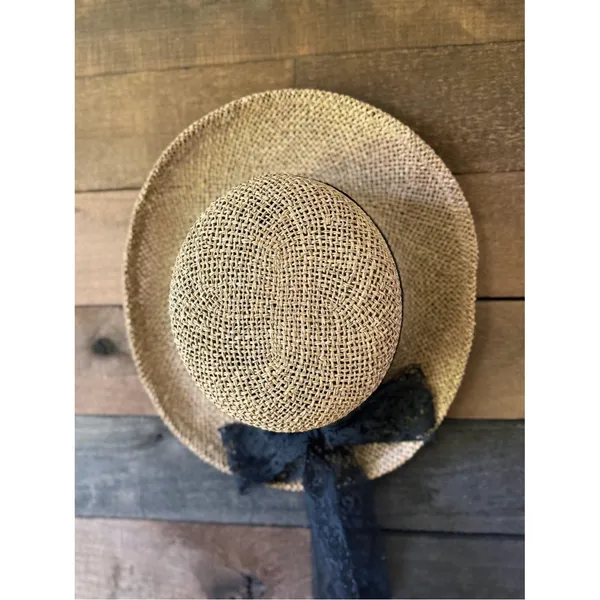 Vintage Straw Sun Hat With Black Lace Ribbon Cottagecore Wide Brim Hat - Image 3