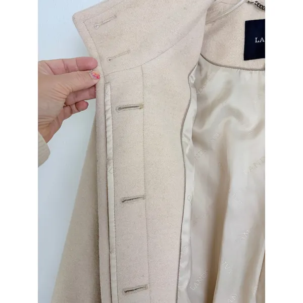Lands End 16P Beige Wool Blend Car Coat Hidden Button Stand Collar Minimalist - Image 7