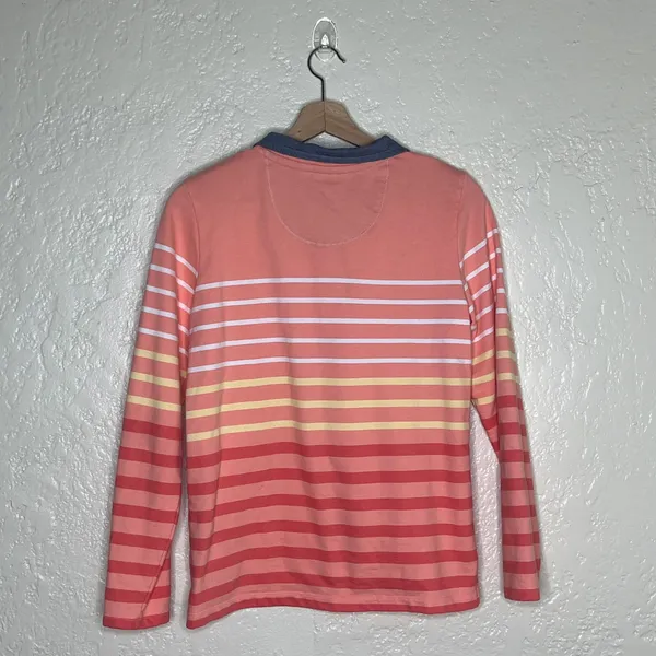 LL Bean Coral White Striped‎ Rugby Henley Shirt Long Sleeve Womens Small - Image 2