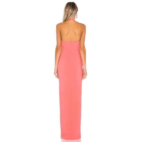 NEW LIKELY Rudina Gown Coral Halter Prom Dress Maxi Leg Slit V-Neck Orange 0 - Image 2