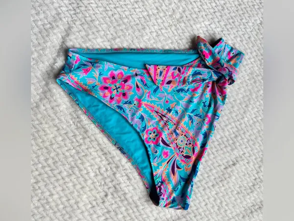Frankie's Bikinis Scarf Bikini Bottom L Side Tie Blue Multicolor Paisley Hi Leg - Image 2