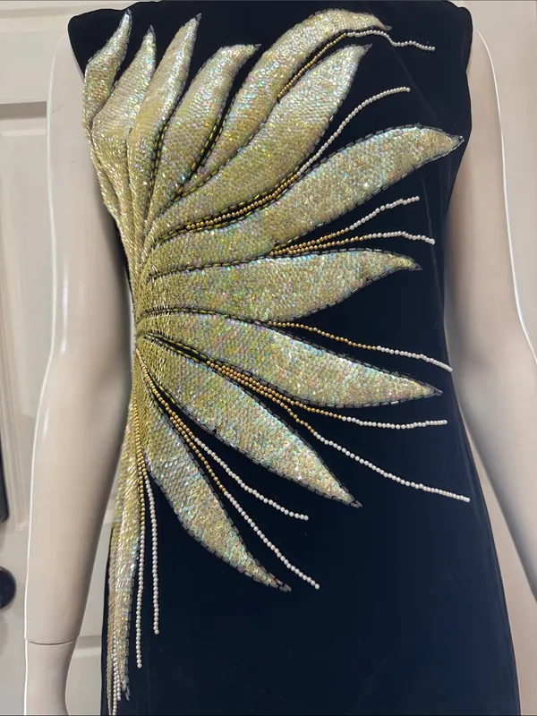Unbranded Vintage 80s Beaded Soft Velvet Dress, Starburst Sequin Gown - Image 3