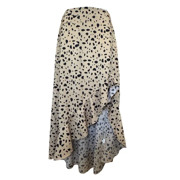 Asymetrical Animal Print‎ High-Low Ruffle Maxi Skirt Small Tan Black Flowy Boho - Image 2