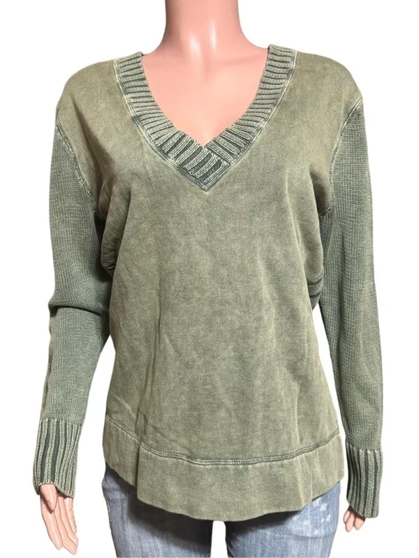 V neck knit fleece mix pullover sweater top L - Image 2