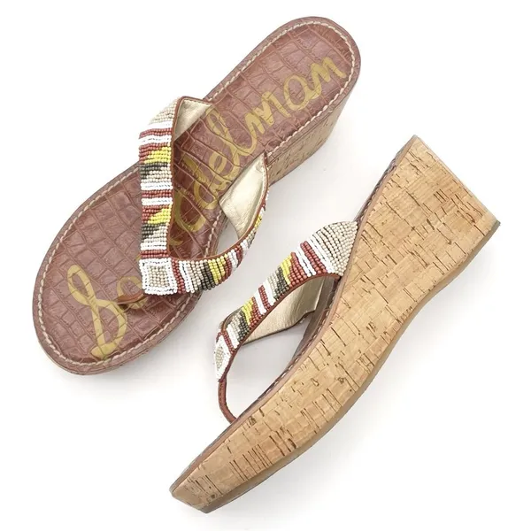 Sam Edelman Rosa Nude Ginger Beaded Thong Cork Wedge Sandal Flip Flop Size 8.5 - Image 2