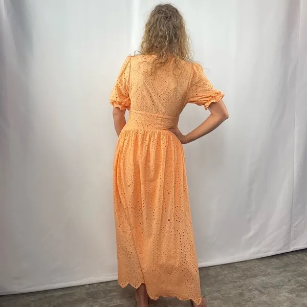 Sundress Deep V Eyelet Puff Sleeve Maxi Dress in Orange‎ Size Extra Small - Image 2
