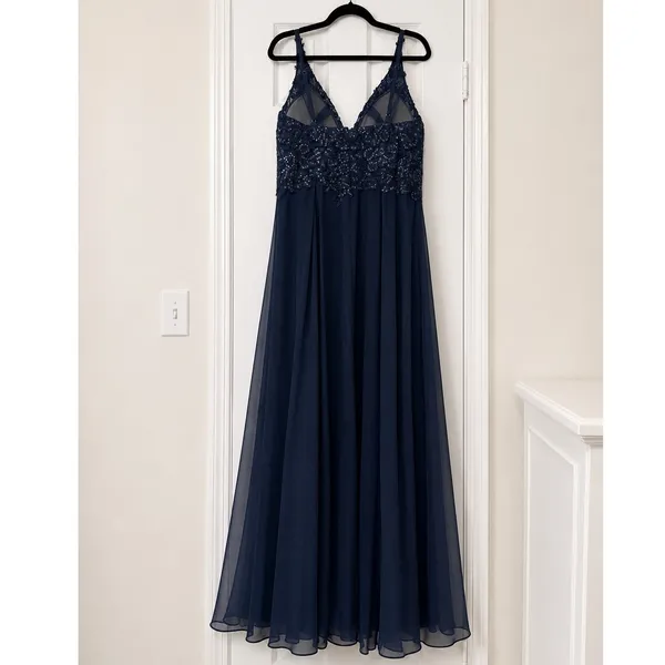 JJs House Navy Lace Chiffon Formal Gown High Slit Adjustable Straps Maxi Dress - Image 5
