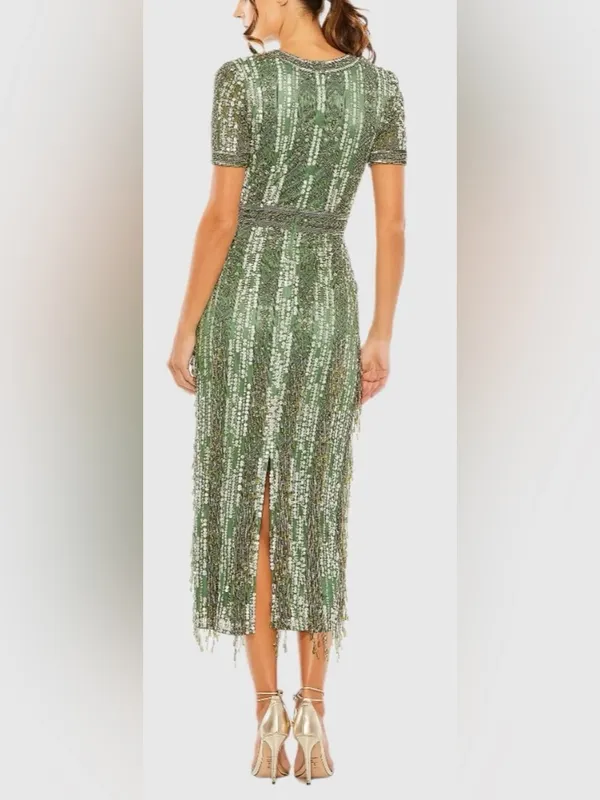 NEW MAC DUGGAL High Neck Short Sleeve Crystal Fringe Column Sage green Dress 10 - Image 3