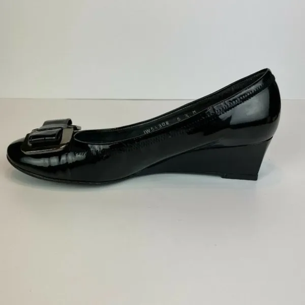 Stuart‎ Weitzman Wedge Heels 5.5 Black Patent Leather Silver Bow Office Career - Image 10