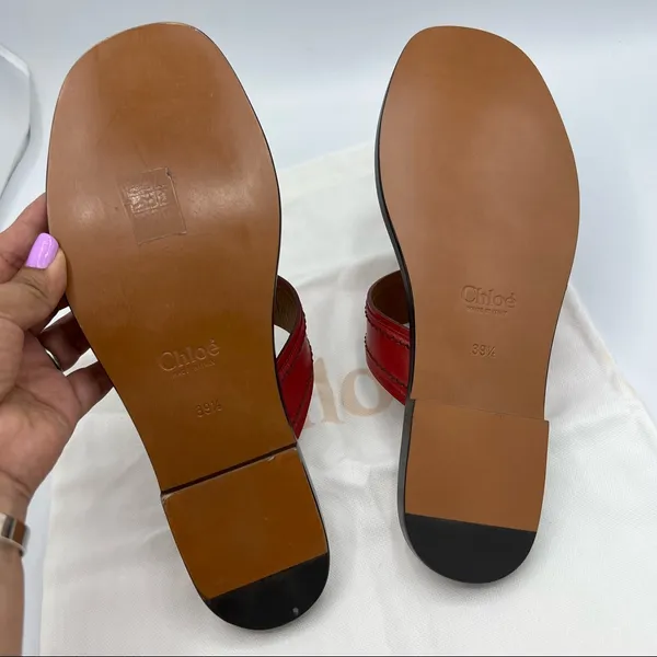 CHLOE Demi Leather Slide Flat Sandals Size EU 39.5 US 9.5 Red Tan Gold hardware - Image 5